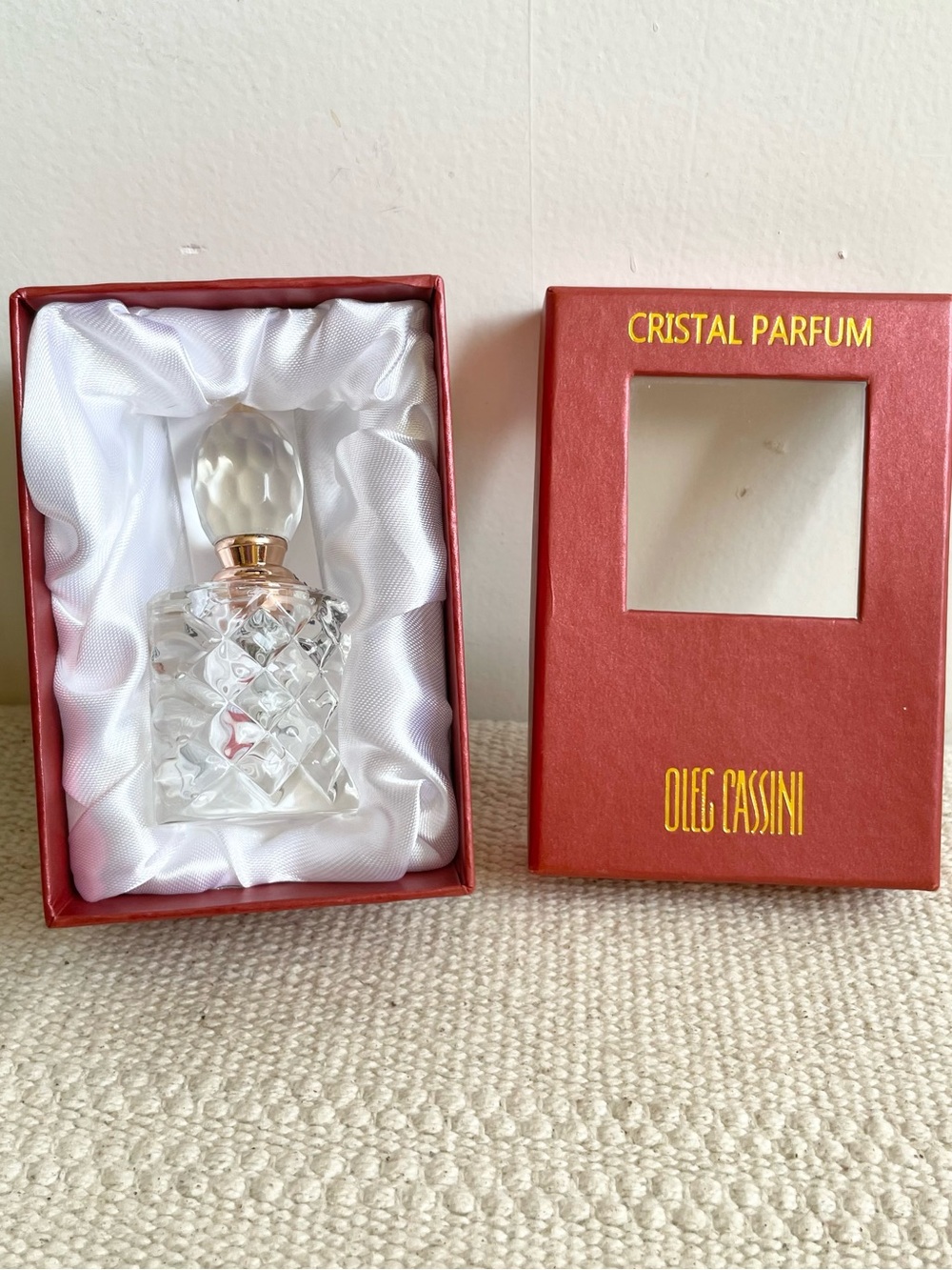 Oleg Cassini Crystal Perfume Bottle Signed on Base In Box New Old Hollywood